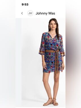 Johnny Was Sofiya dress Primula Burnout Blue Velvet Boho silk dress retail $388